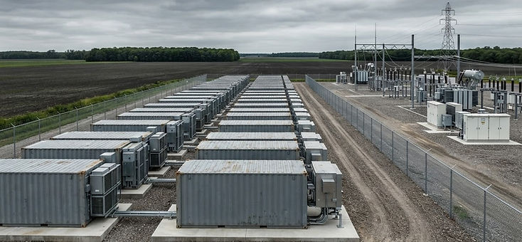 Rows of battery storage containers at a grid-scale energy storage site