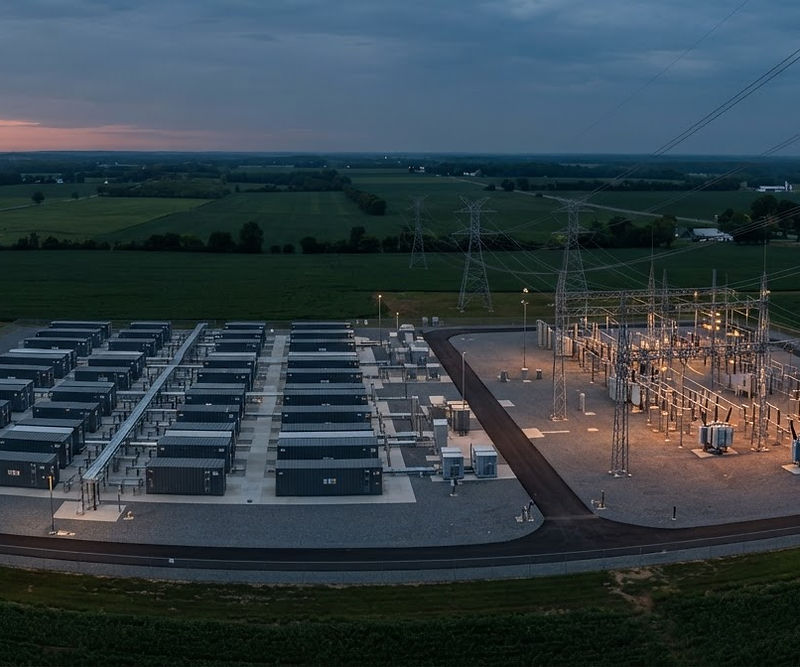 Aerial view of a utility-scale battery storage installation beside an electrical substation at dusk