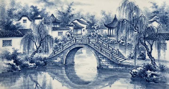 青花水墨风格的中国城市天际线