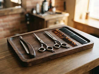 Illustration d'outils de coiffure rangés sur un plateau en bois.