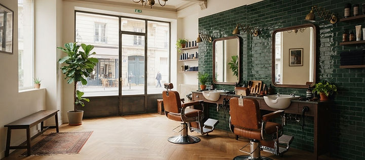 Illustration générée de l'intérieur du salon fictif Les Ciseaux de Léon.