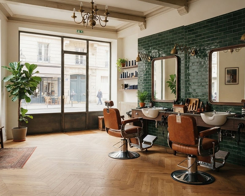 Illustration générée de l'intérieur du salon fictif Les Ciseaux de Léon.