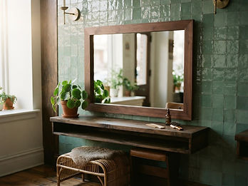Illustration de la lumière du matin sur un miroir, une plante et la faïence verte.
