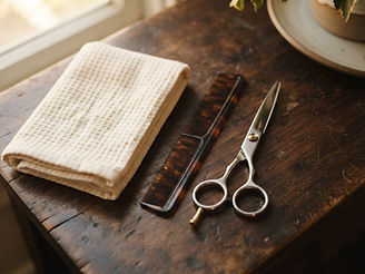 Ciseaux, peigne et serviette dans un décor de salon imaginé.