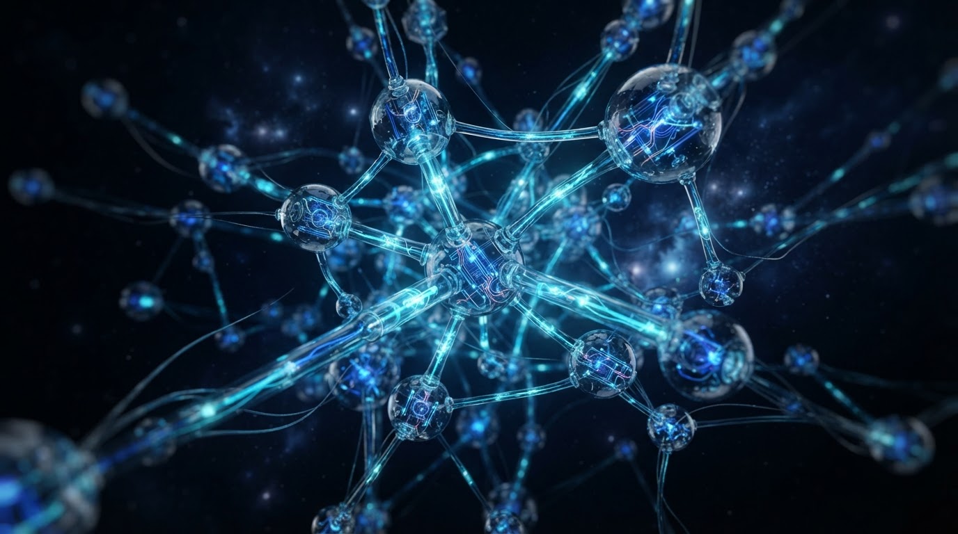 Abstract visualization of interconnected AI, Zoho and web technology nodes