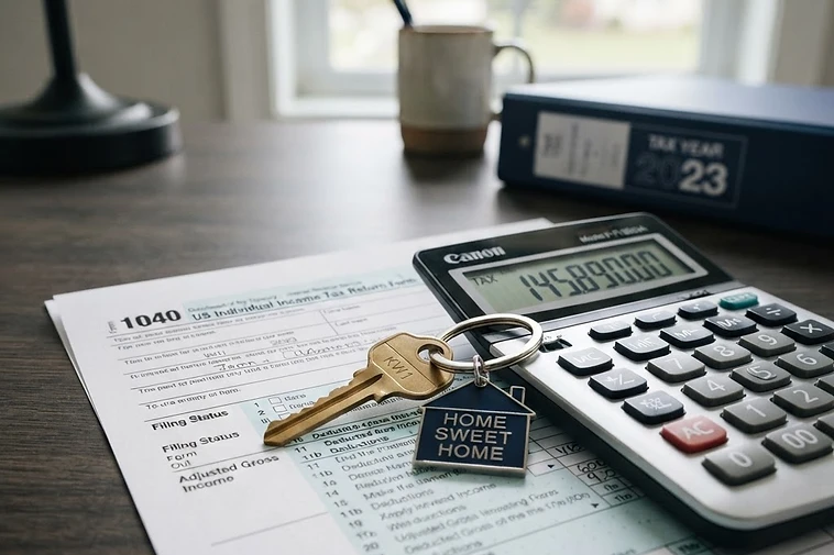House key resting on a tax form and calculator