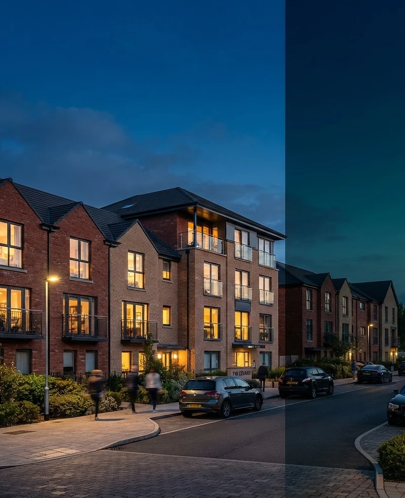 Irish residential rental properties at dusk