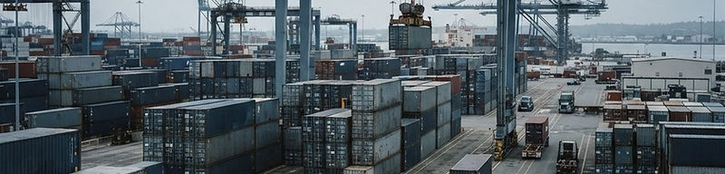 Stacked shipping containers and freight vehicles in a logistics yard