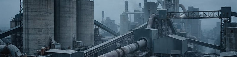 Clinker silos, kiln and conveyor galleries at a cement plant