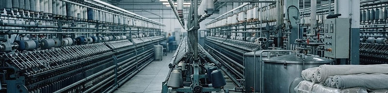 Spinning frames and yarn cones inside a textile mill