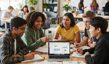 High school students collaborating in a bright classroom