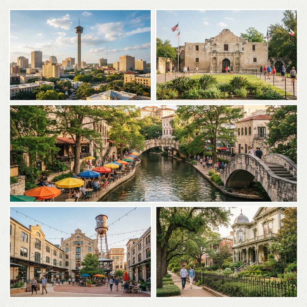 A collage of San Antonio, Texas neighborhoods — downtown skyline with the Tower of the Americas, the Alamo, the River Walk, the Pearl District, and the King William Historic District