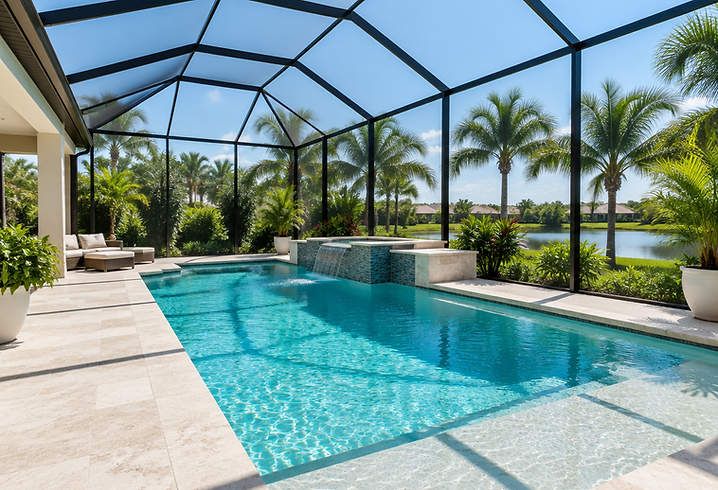 Sunlit swimming pool inside a geometric aluminum screen enclosure