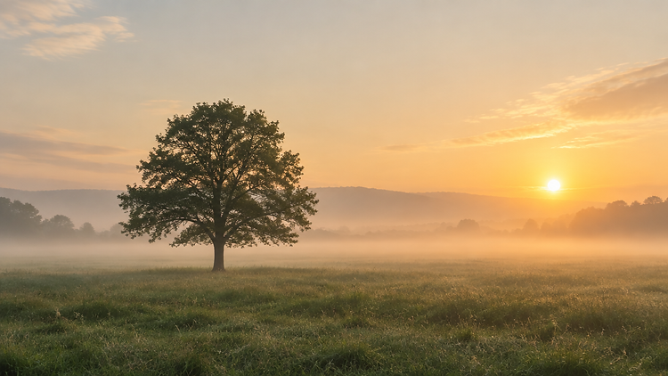 A calm open landscape at sunrise, representing time and personal freedom
