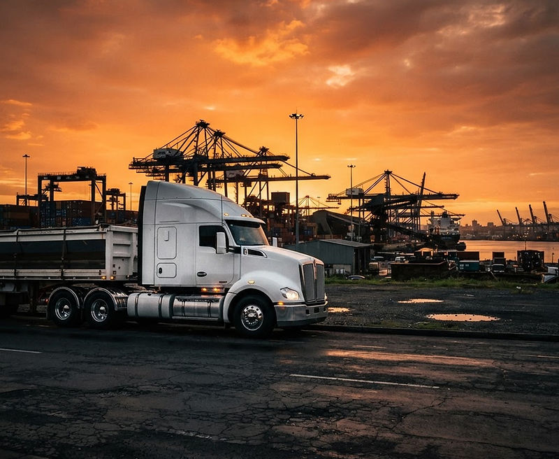 Mahia Haulage truck at dawn