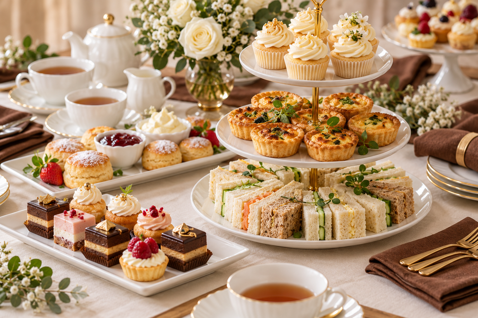 Elegant bridal shower afternoon tea spread with scones, pastries and a tiered stand