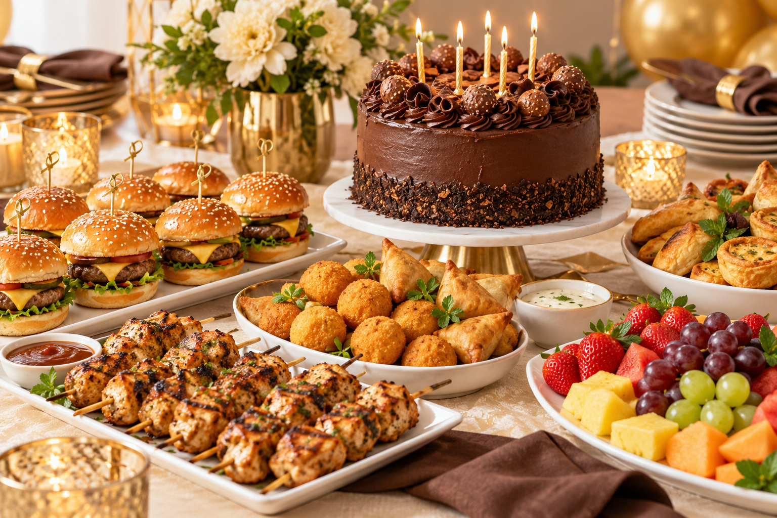 Festive birthday feast with chocolate cake, sliders and skewers