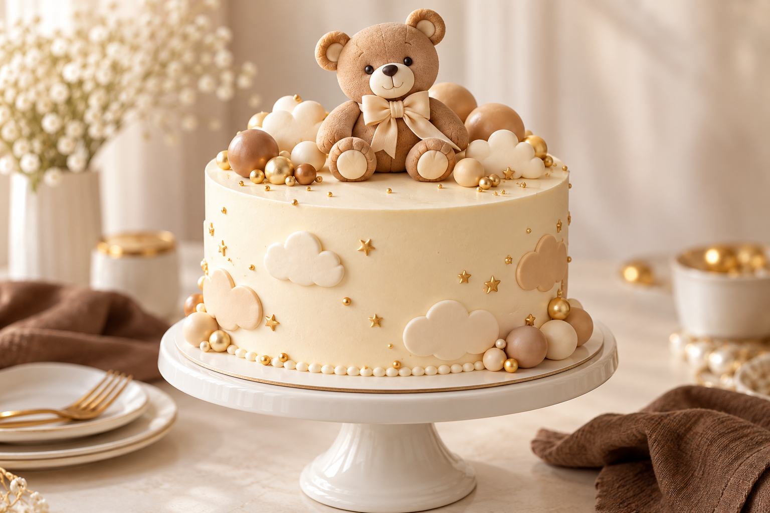 Ivory Teddy Bear Baby Shower Cake