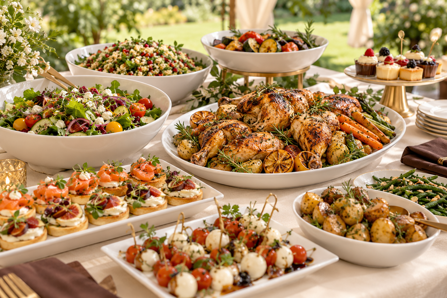 Elegant garden event buffet with grilled chicken, fresh salads and canapés