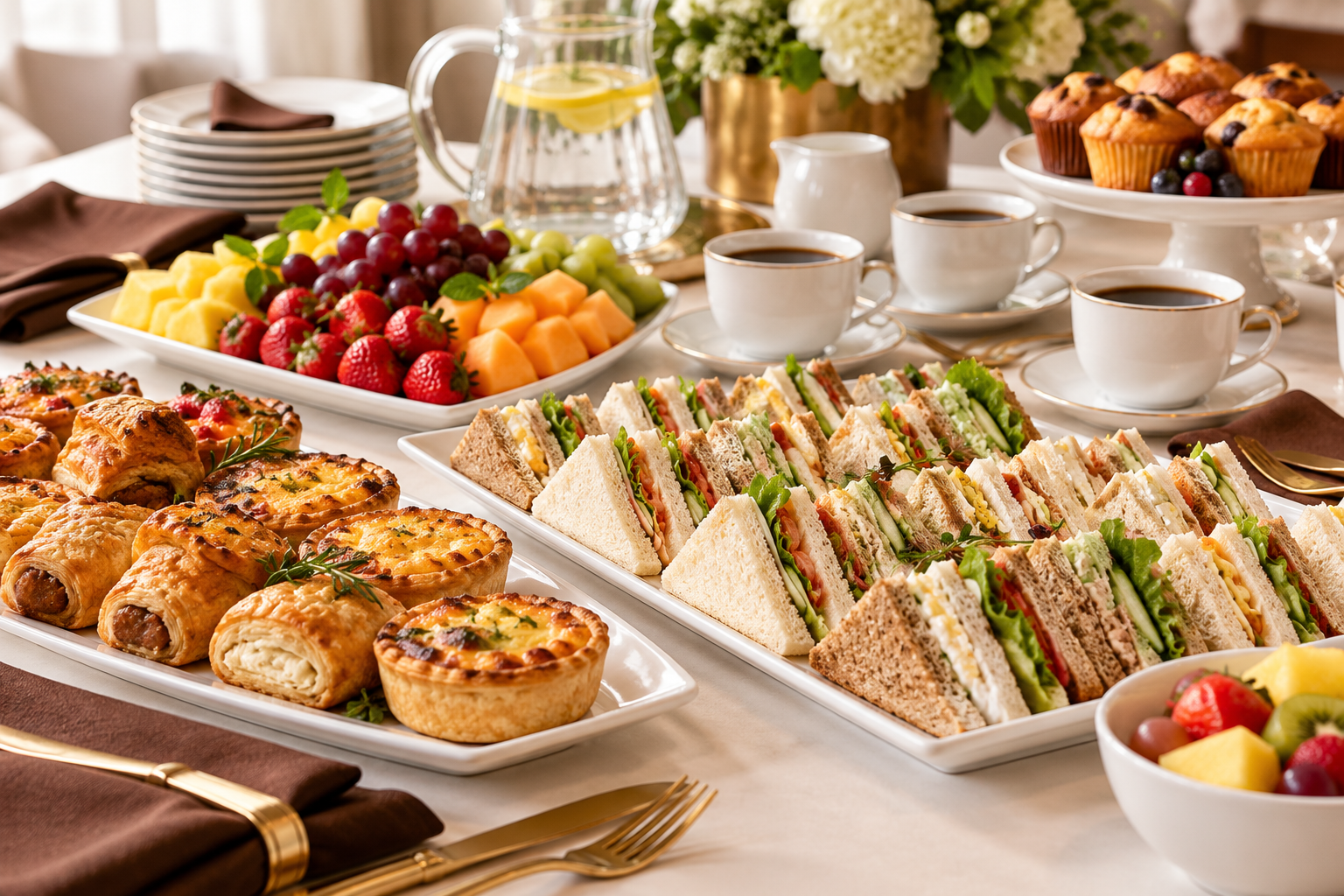 Corporate meeting refreshment spread with pastries, sandwiches, fruit and coffee