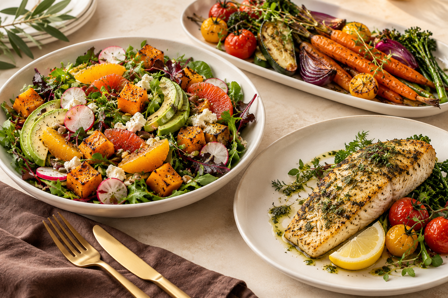 Seasonal harvest salad, roasted vegetables and grilled fish