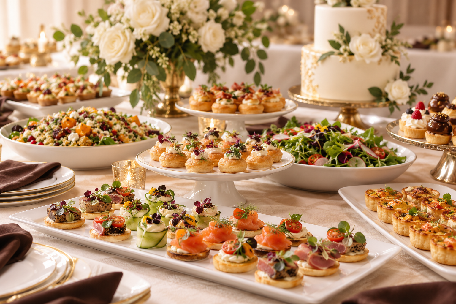 Wedding canapés, pastries and tiered cake with floral décor
