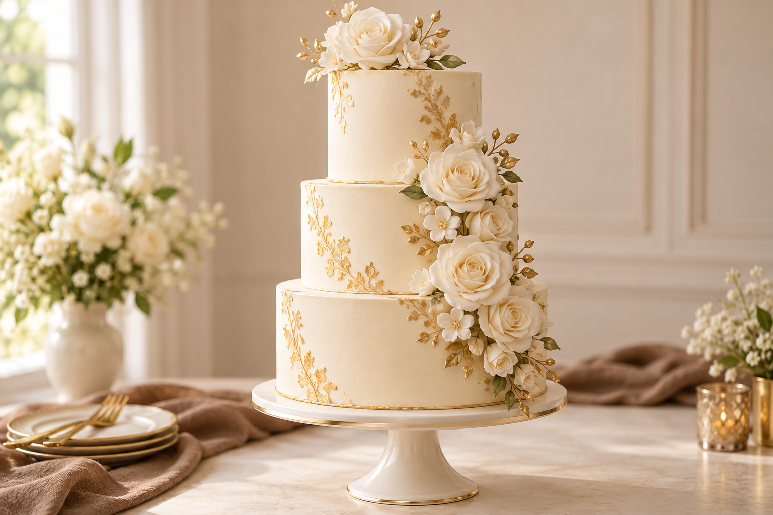 Ivory Wedding Cake with Sugar Roses