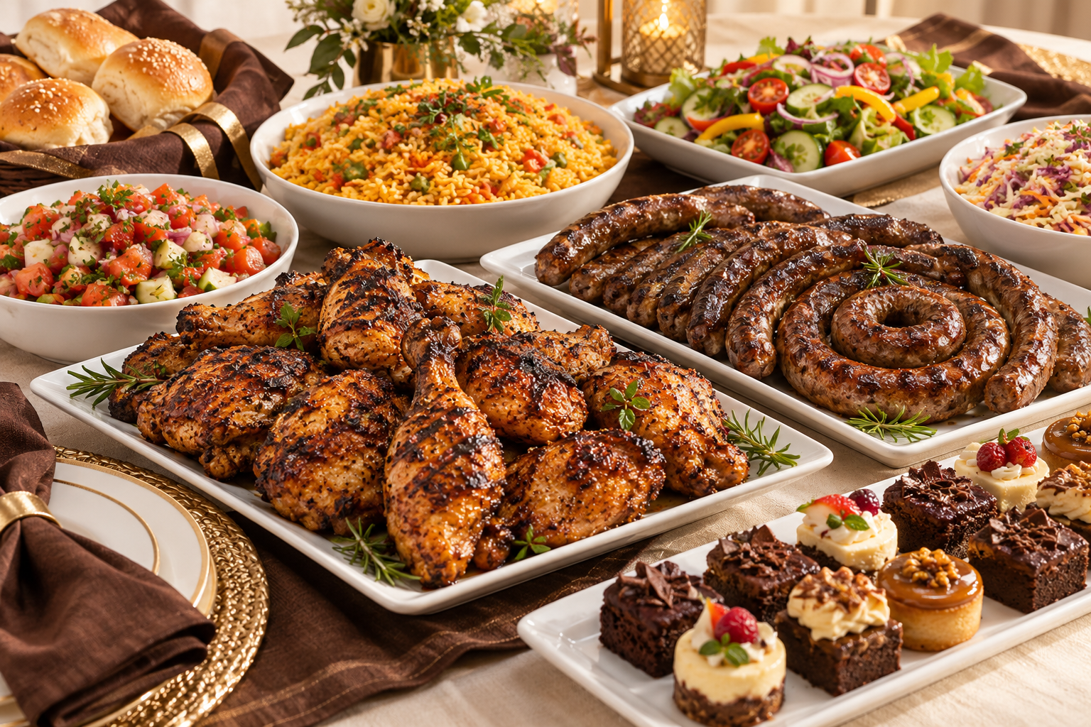 South African celebration braai feast with chicken, sausage and sides