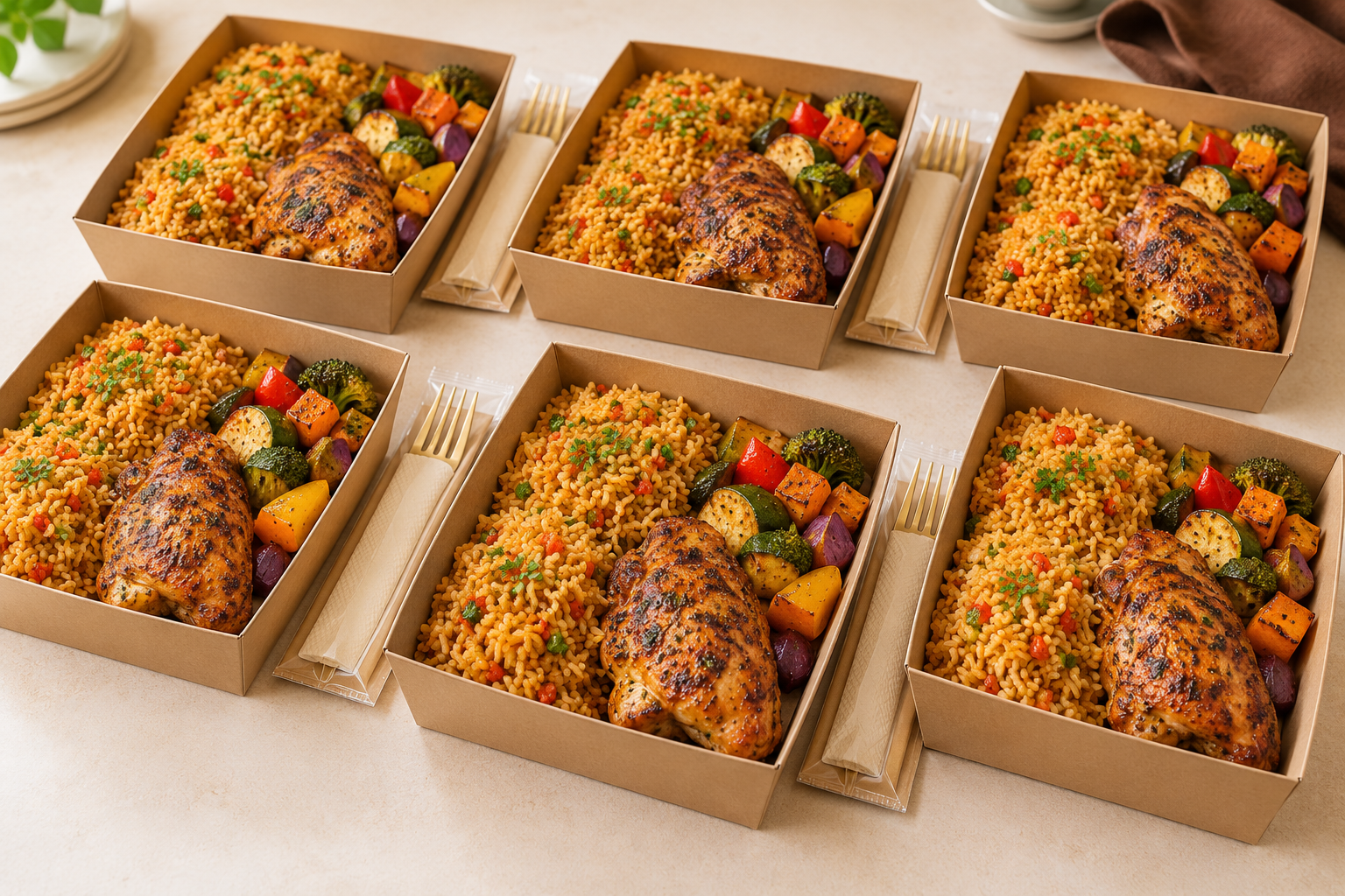 Corporate lunch boxes with grilled chicken, rice and roasted vegetables