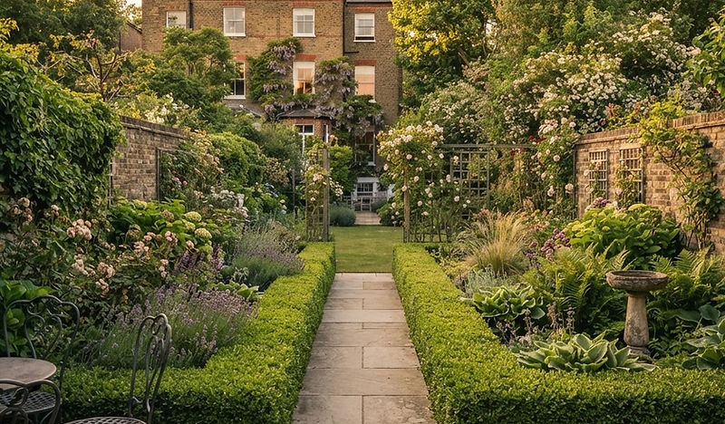 A curated West London garden with structured hedging and stone paving