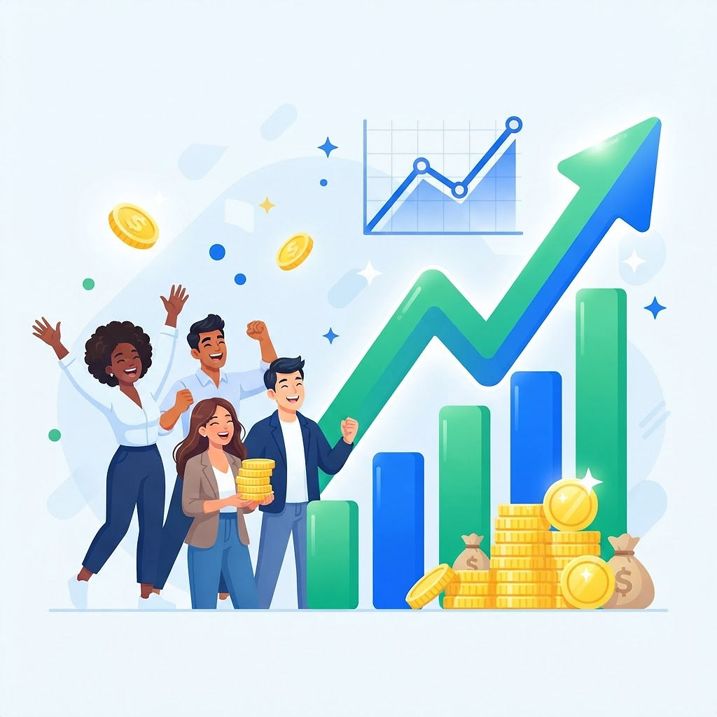 Financial growth illustration with rising chart, coins, and a diverse group of young adults