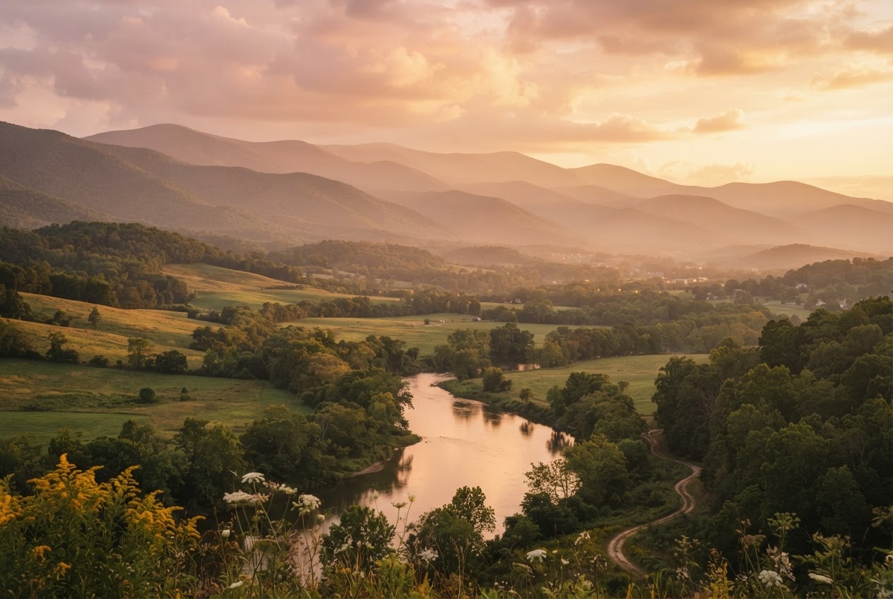 The Roanoke Valley at golden hour, Blue Ridge Mountains in soft haze