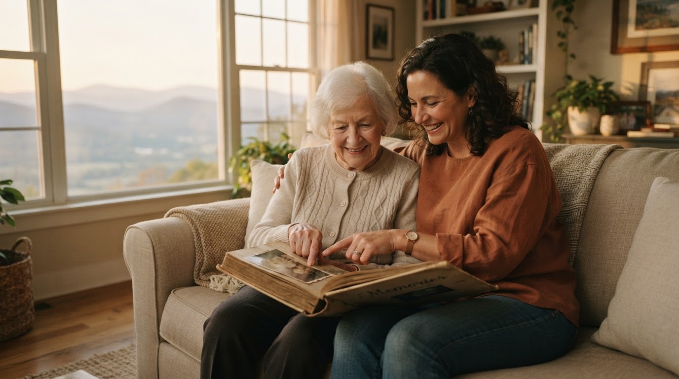A caregiver and an elder sharing a quiet moment in a sunlit living room