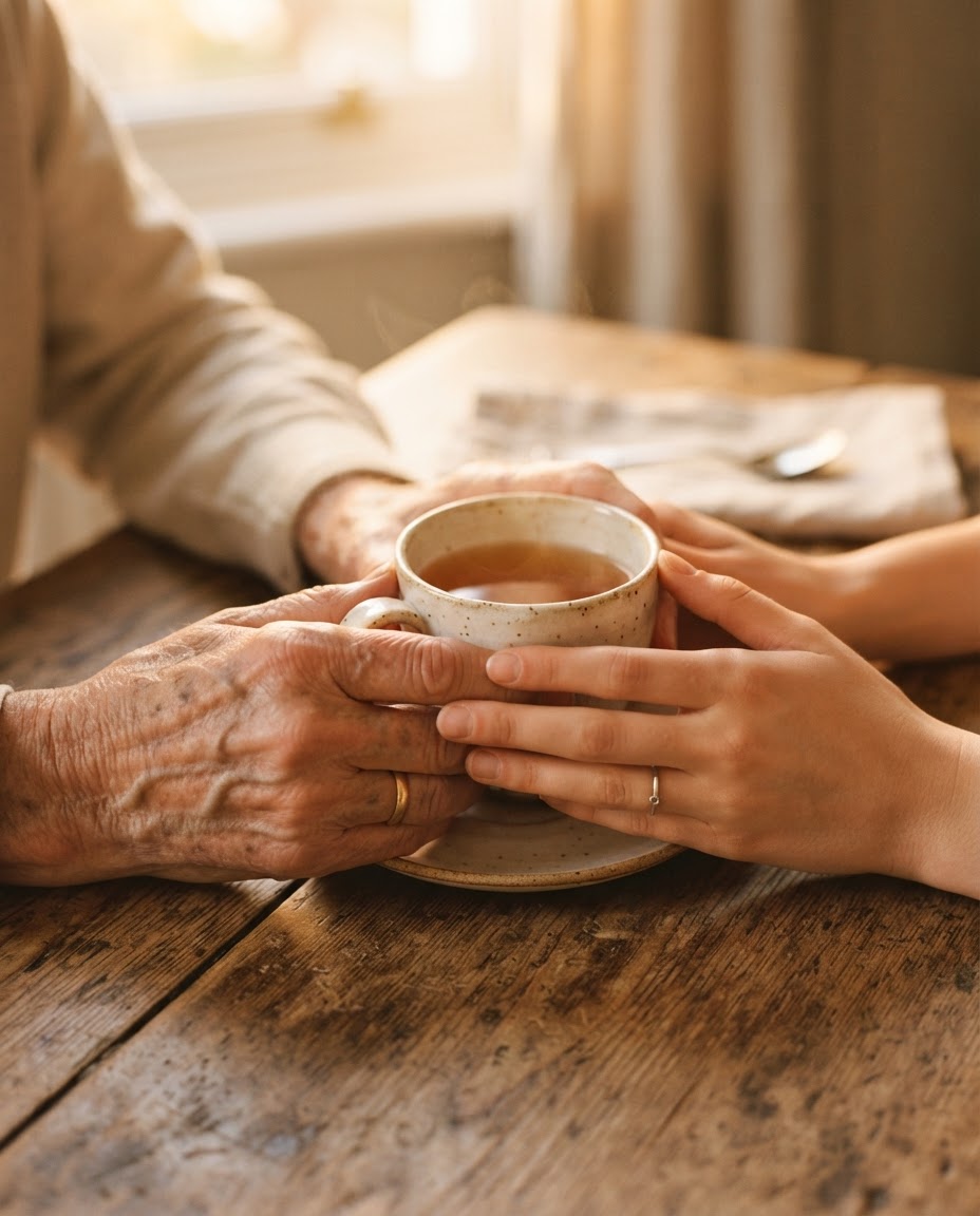 Hands sharing a teacup, a tender moment of companionship