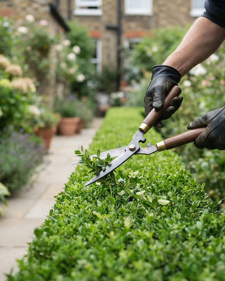 Garden shears pruning a neatly trimmed box hedge in a West London garden