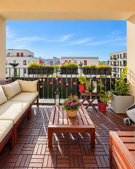 Westbalkon mit Sitzlandschaft, Pflanzen und Lichterketten