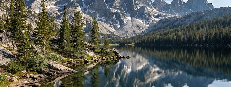 The jagged Sawtooth Mountains reflected in an alpine lake in Idaho