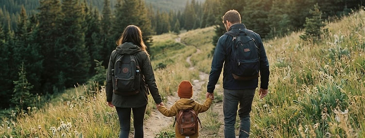 A child's hand held by two adults on a mountain trail in late light