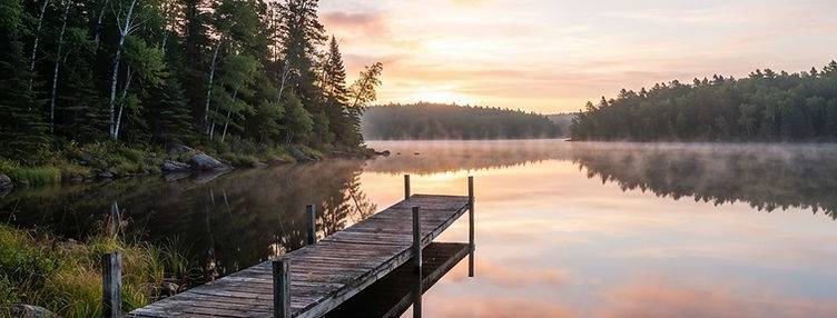 A wooden dock on a misty Minnesota lake at sunrise