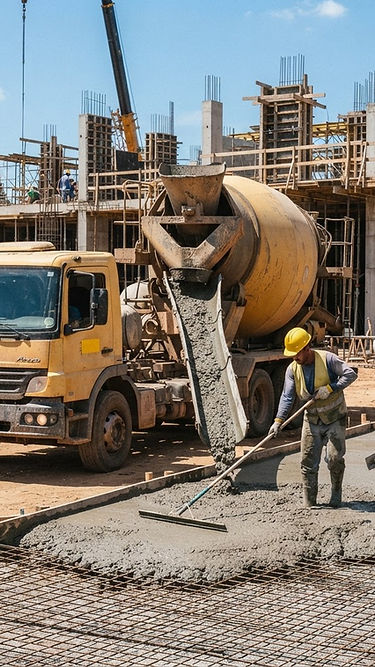 Calha de caminhão betoneira lançando concreto com equipe espalhando o material na obra