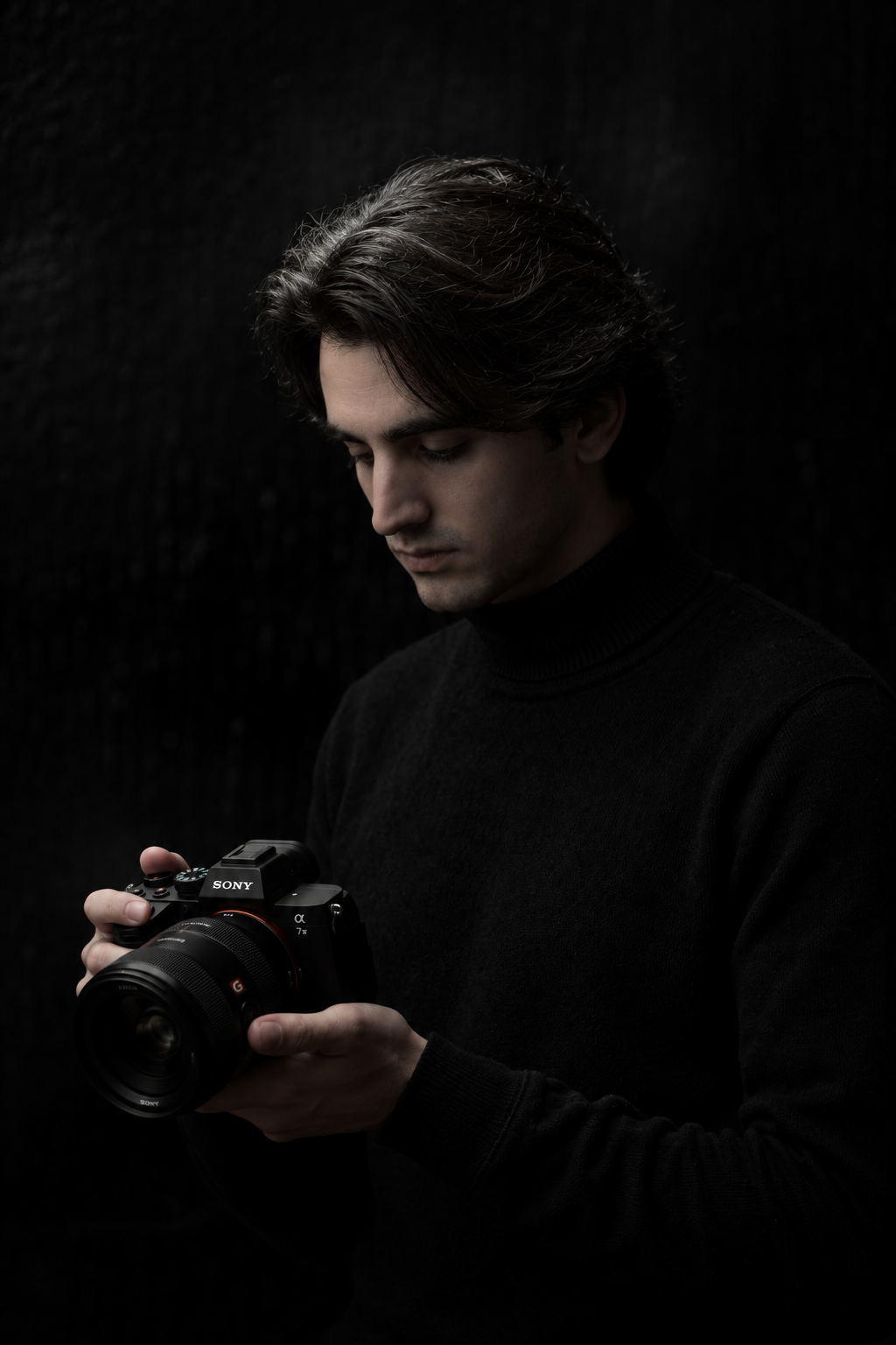 Oscar Figueras holding his camera, photographed against a dark background