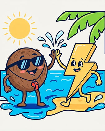 Coco the coconut high-fiving an electrolyte bolt