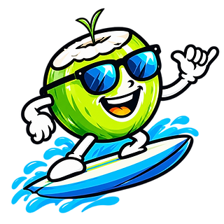 Coco the coconut mascot surfing