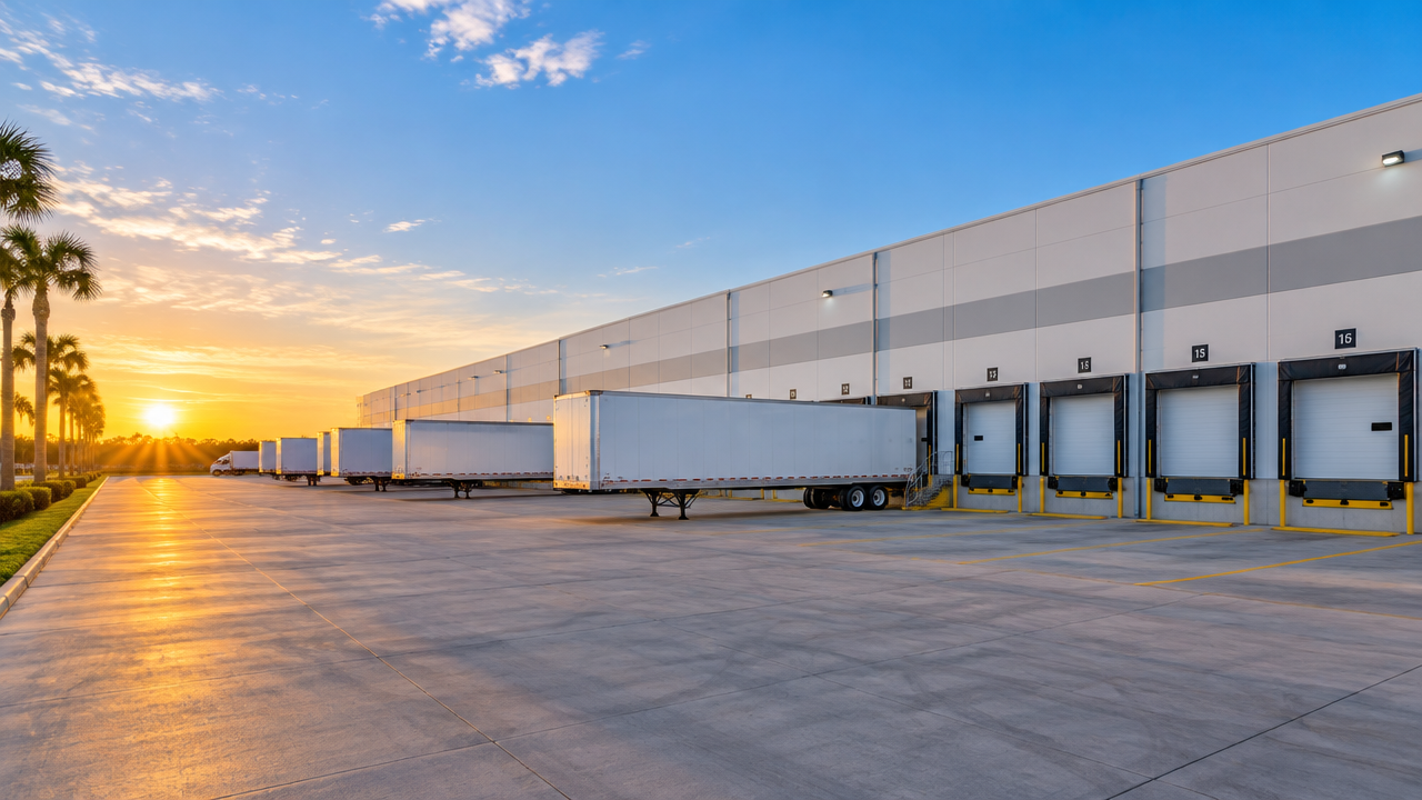 Modern warehouse facility with dock doors at sunrise in Lakeland, Florida