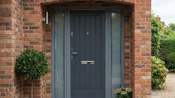 A grey composite front door on a brick house