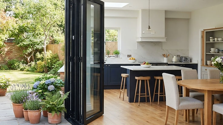 Bi-fold doors opened onto a garden from a bright kitchen