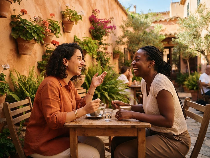 Dos personas en conversación tranquila en un patio soleado