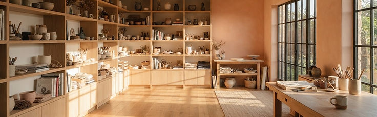 Estudio luminoso con roble cálido y luz de la tarde