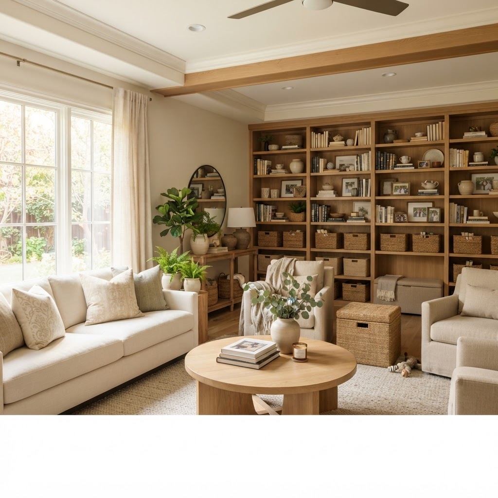 Bright, organized residential living room with styled bookshelves and storage baskets