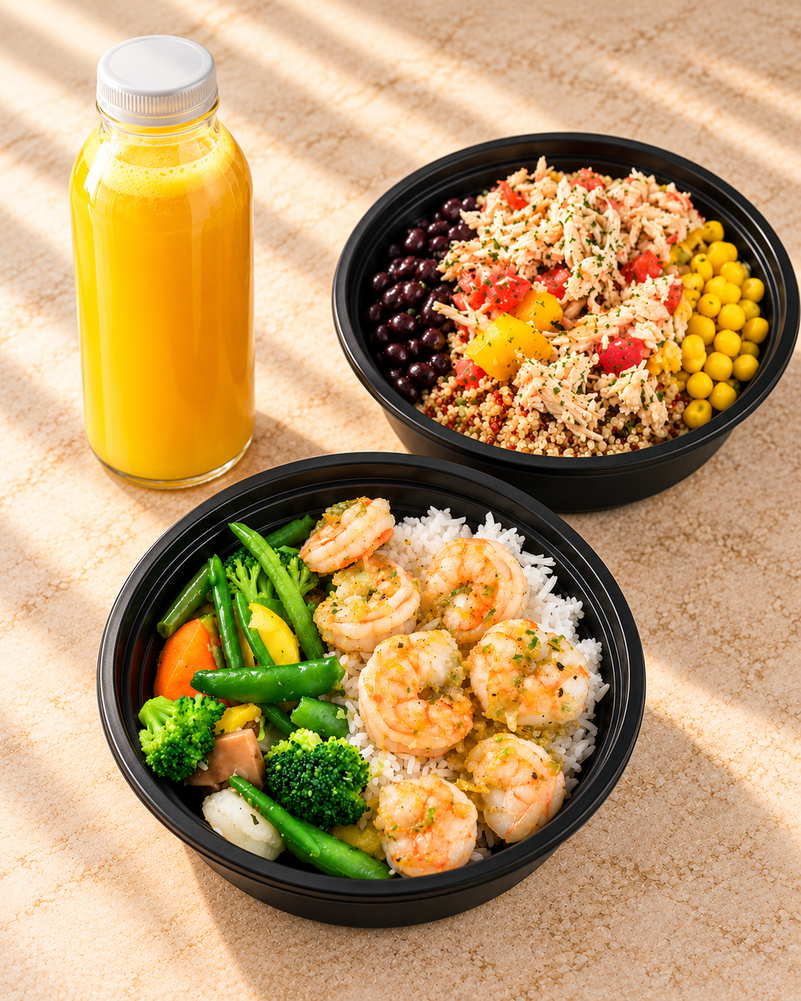 Shrimp, rice and vegetables; chicken, quinoa and black beans; and a golden juice bottle